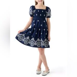 Crown & Ivy Navy Blue Embroidery Smocked Dress, kids size L, NWT